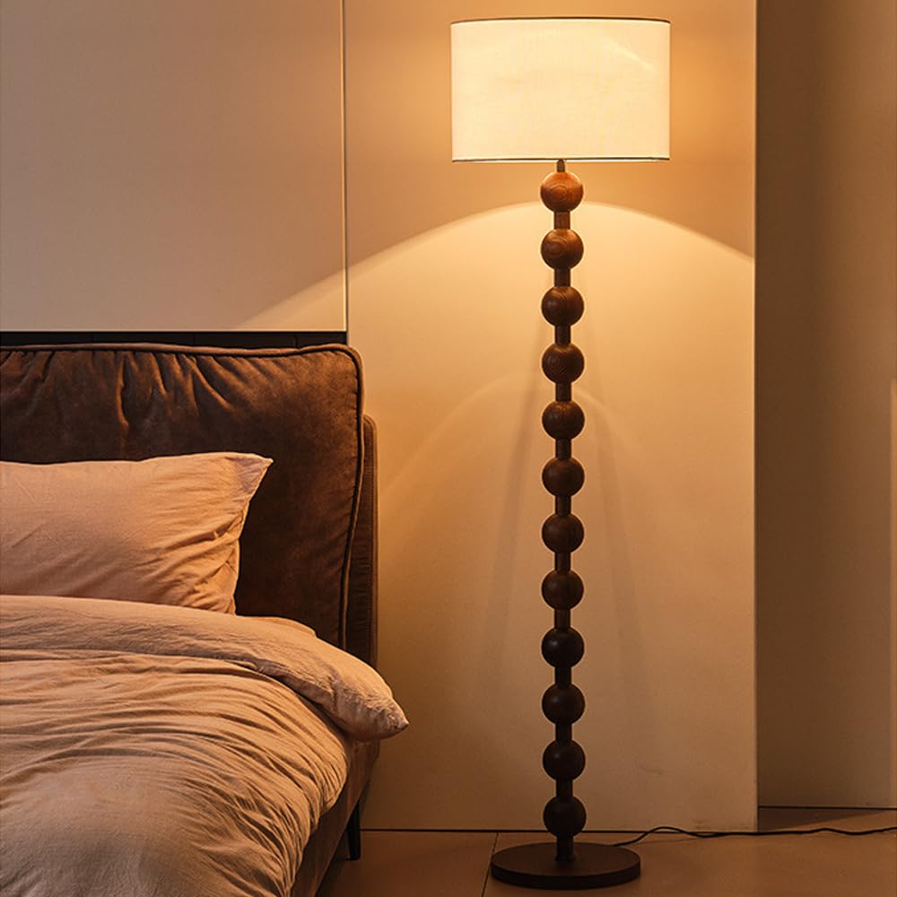 Okrągła drewniana lampa podłogowa w stylu połowy wieku, 160 cm, z lnu z diodami LED E26, możliwość ściemniania, z tkaniny, idealna do czytelni, biura, salonu lub sypialni.