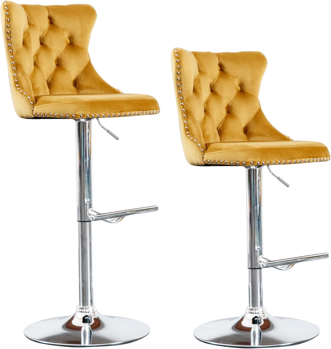 Swivel Bar Stools Set of 2, Adjustable Counter Height Bar Stools, Velvet Barstools with Back and Silver Footrest, Modern Upholstered Bar Chairs for Kitchen Island Home Bar Dining Room (Black)