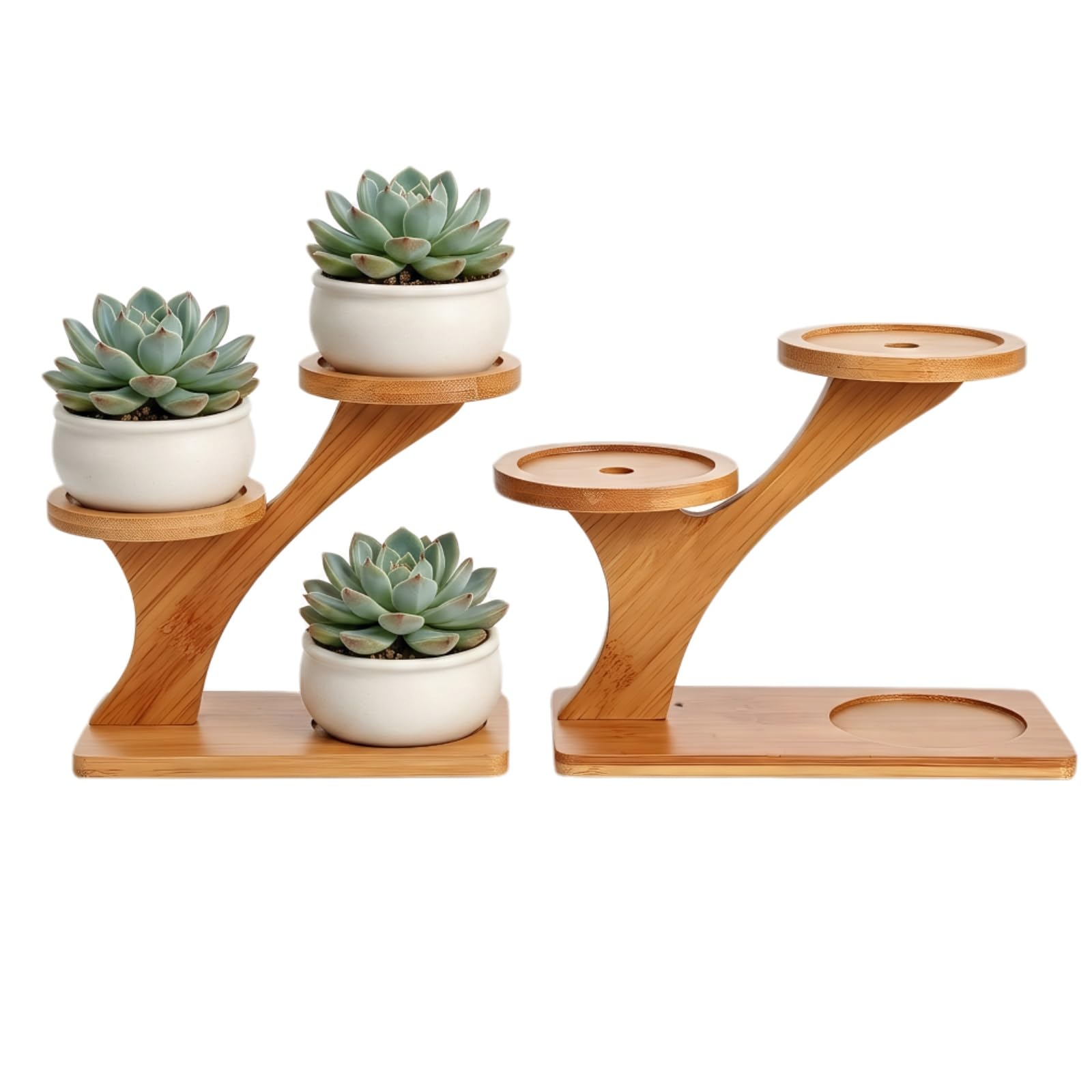 Kisangel 2pcs Windowsill Plant Stand, Small Natural Bamboo Multi-Tiered Desktop Flowerpot Holder for Indoor Window Corner Display, Decorative Pot Shelf Organiser