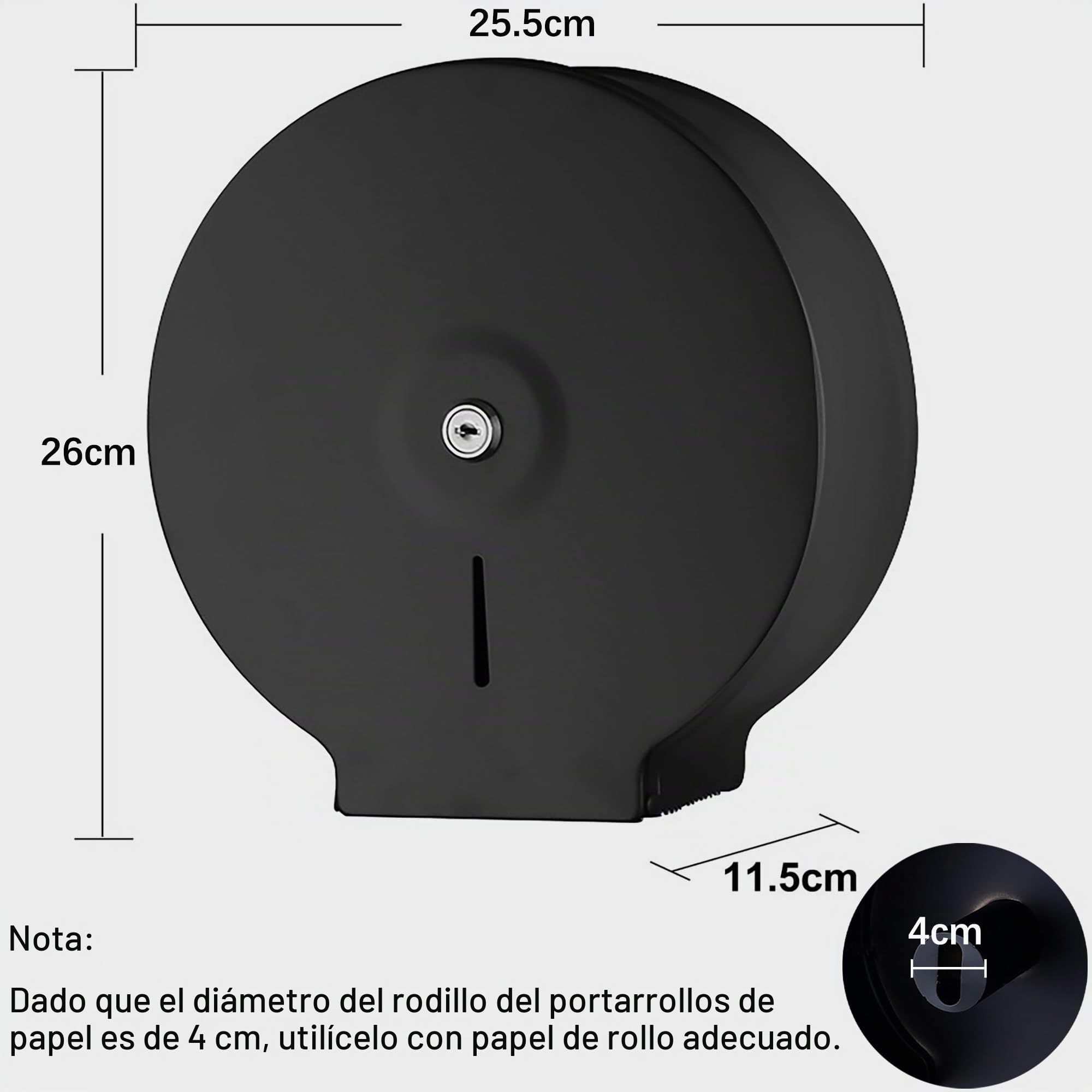 NICEME Dispensador de Toallas de Papel – Acero Inoxidable Toallero con Cerradura – Dispensadores de Papel higiénico – Toallero con Material de Montaje – Diámetro 255mm, Mandril 40mm, Negro
