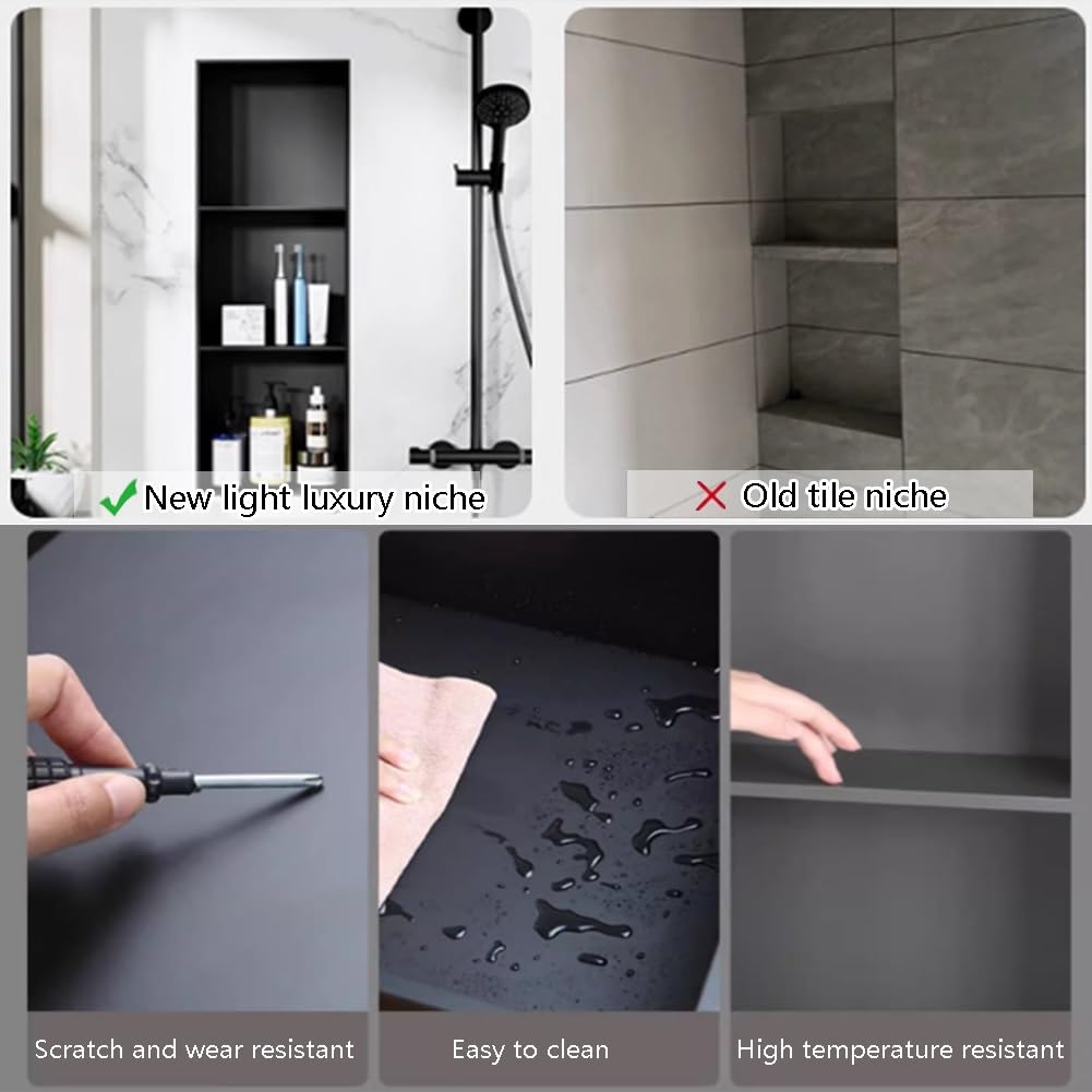Nicho de Ducha de Acero Inoxidable con luz LED, Estante de Ducha Organizador Empotrado, Organizador de Pared Impermeable para baño (Negro, 90 x 28 x 12,5 cm)
