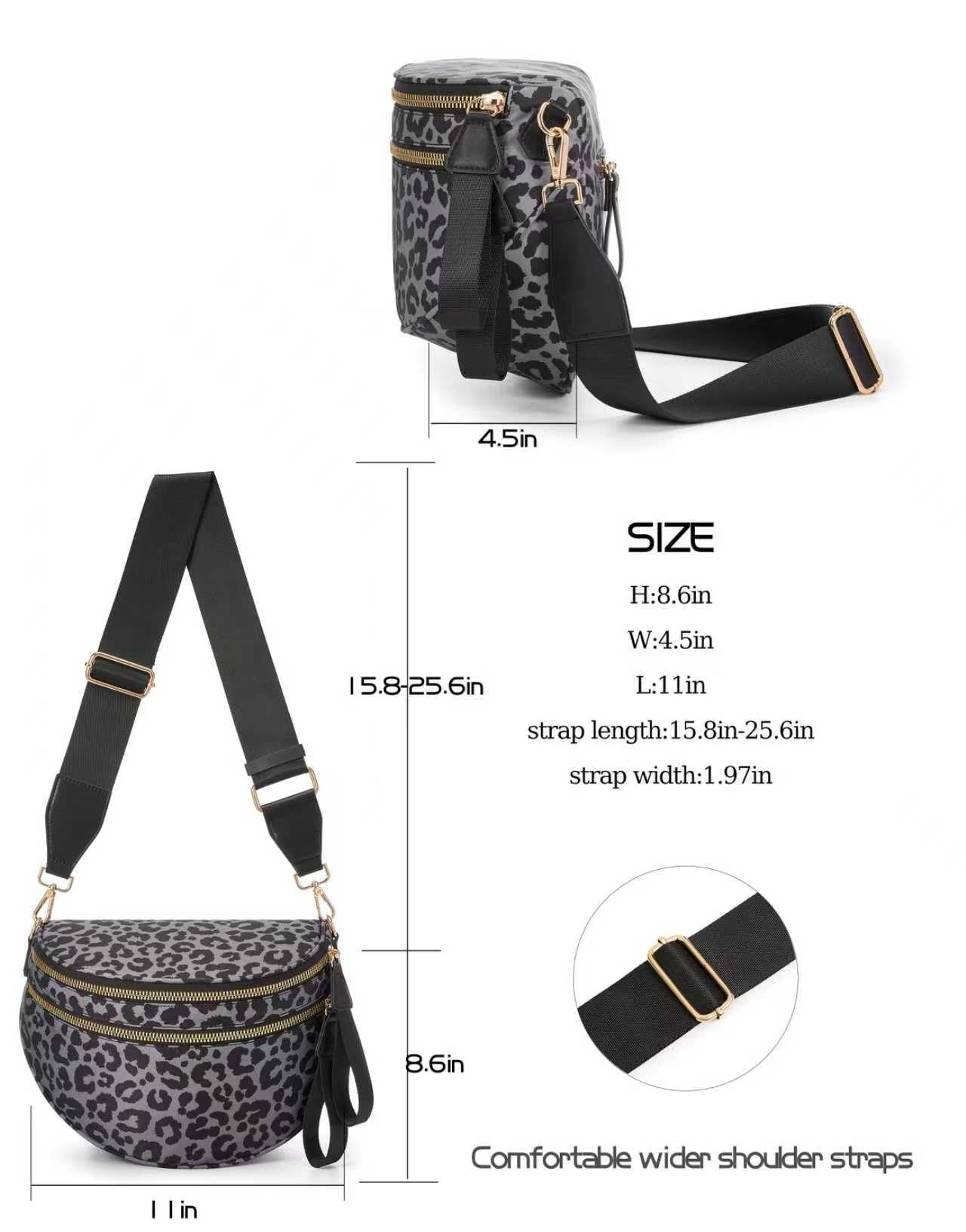 FEIBOON Spacious Nylon Crossbody Bag Bum Bag Handbags Wallets Purses Trendy Shoulder Bag for Women (Black and gray leopard) view 4
