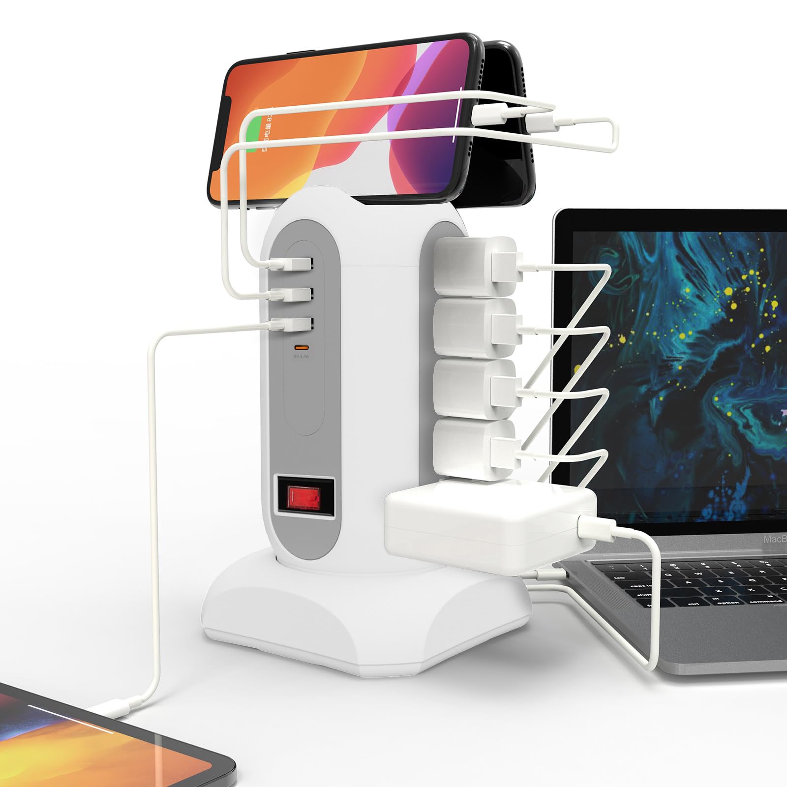 Przedłużacz z listwą zasilającą z zabezpieczeniem przeciwprzepięciowym z 15 gniazdami wielokrotnymi 6 stóp, 3 porty USB (1 USB C), listwa zasilająca wieża płaska wtyczka