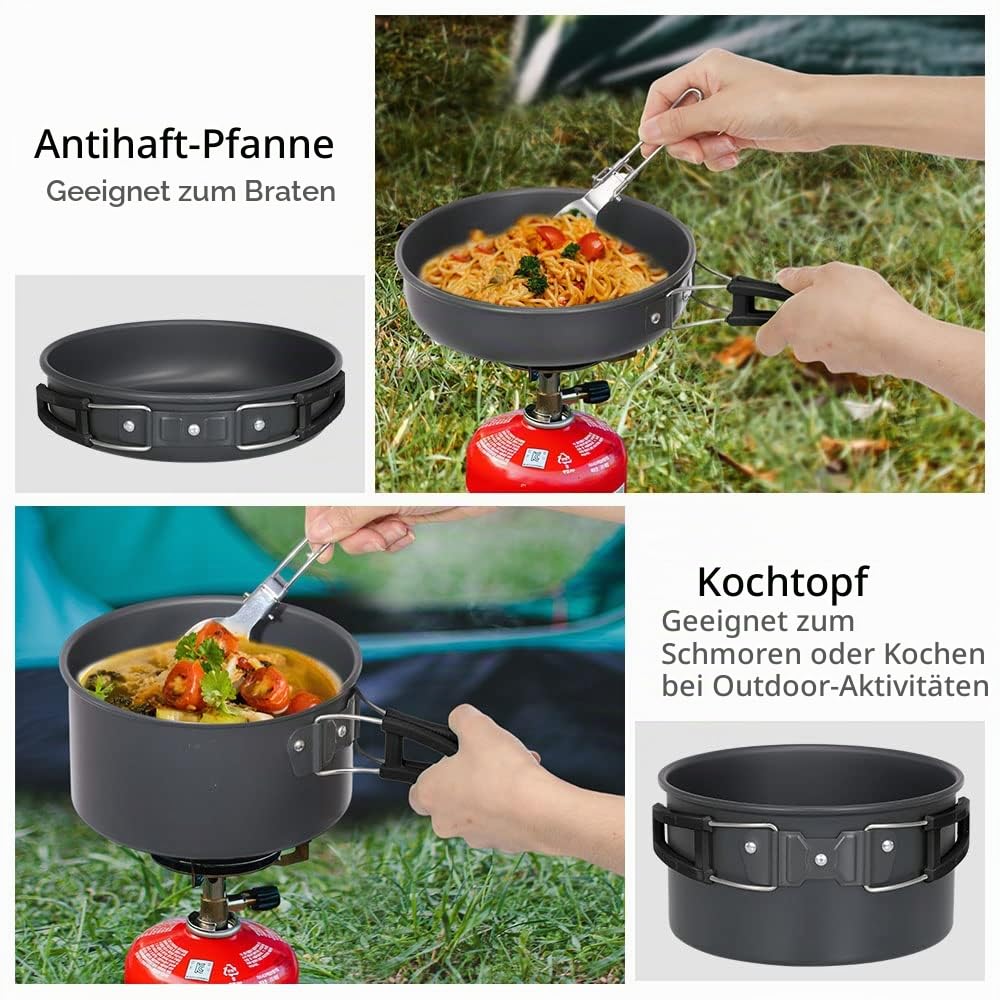 Lixada Camping Kochgeschirr Set Leichte Camping Topf Aluminium Pan Kettle Cups Löffel Gabel Cutter für Picknick Wandern Kochen Camping 2-3 Personen