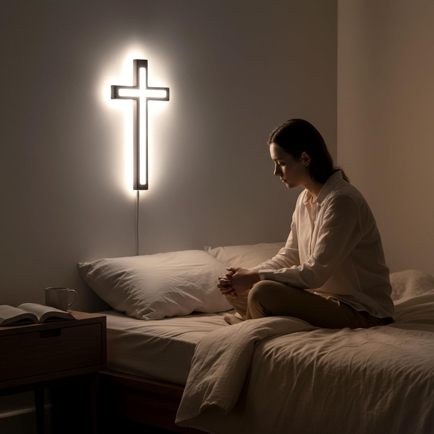 MoSavris Crucifix Wall Cross, Handmade Wood Cross with LED Light, Wall Decor for Faith and Blessing, Christian Gifts, 13 Inch - Image 6