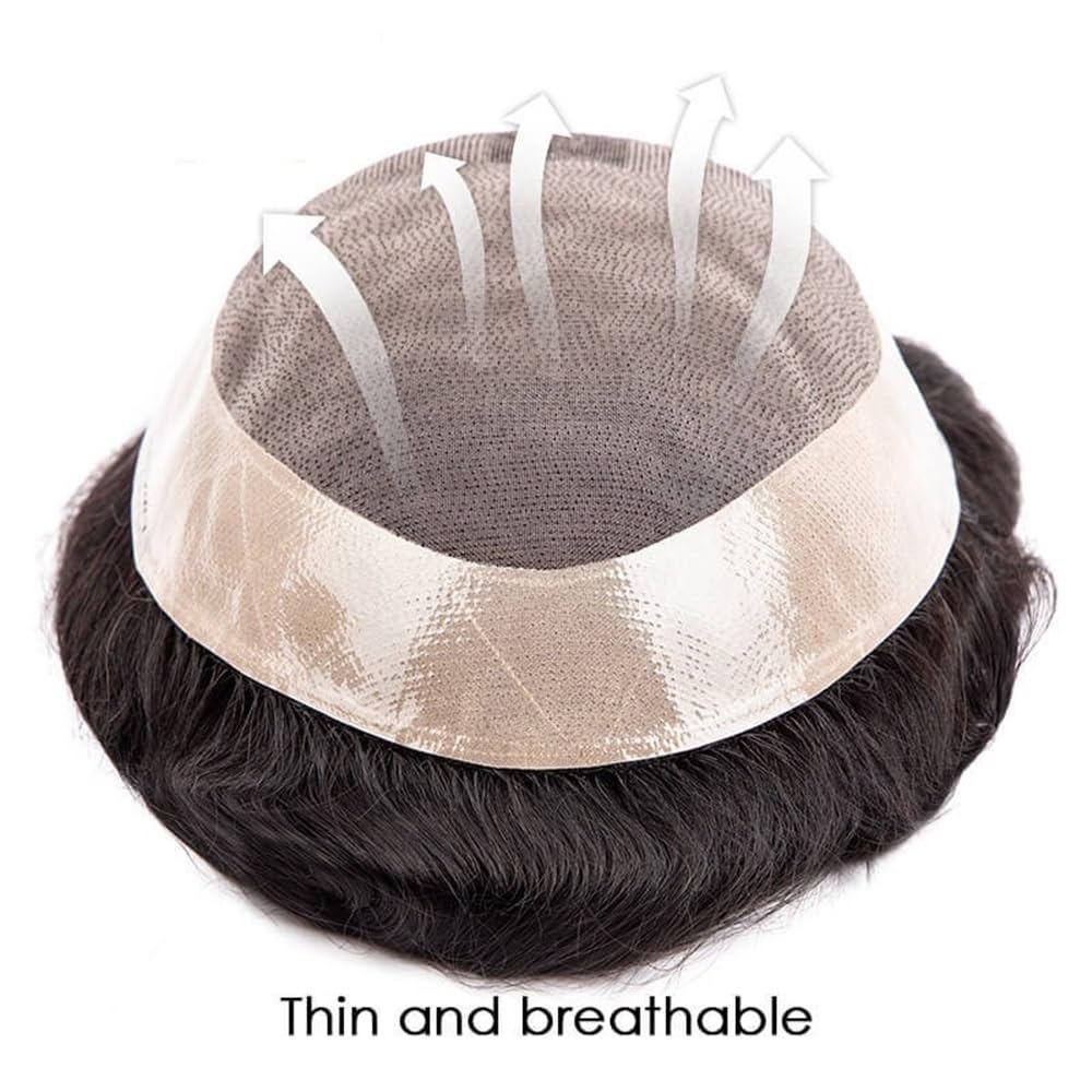 Men's Toupee Protesi for capelli maschili, parrucca maschile, pizzo mono con PU intorno ai capelli maschili, capelli umani(7x10)