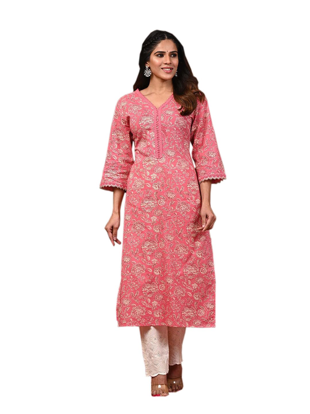FIRSTRAIN Women Cotton Straight Printed Kurti | Soft Breathable Kurta for Office & Casual Use | | Trendy Festive & Regular Wear Cotton Kurti (in, Alpha, 3XL, Regular, Pink)