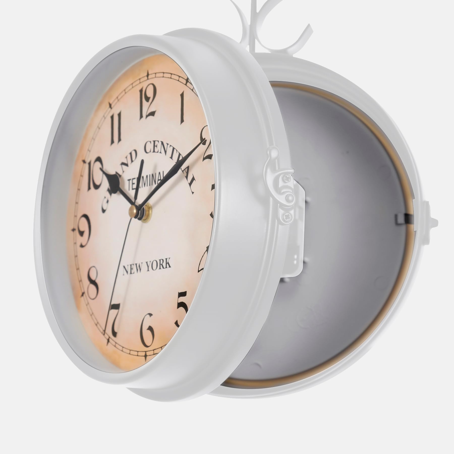 Samger Bahnhofsuhr Doppelseitig Wanduhr Garten Uhr Bahnhof mit Halterung, Retro Vintage-Stil, 29CM, Eisen, New York, Batteriebetrieben, Weiß, Beidseitige Wanduhr für Drinnen und Draußen