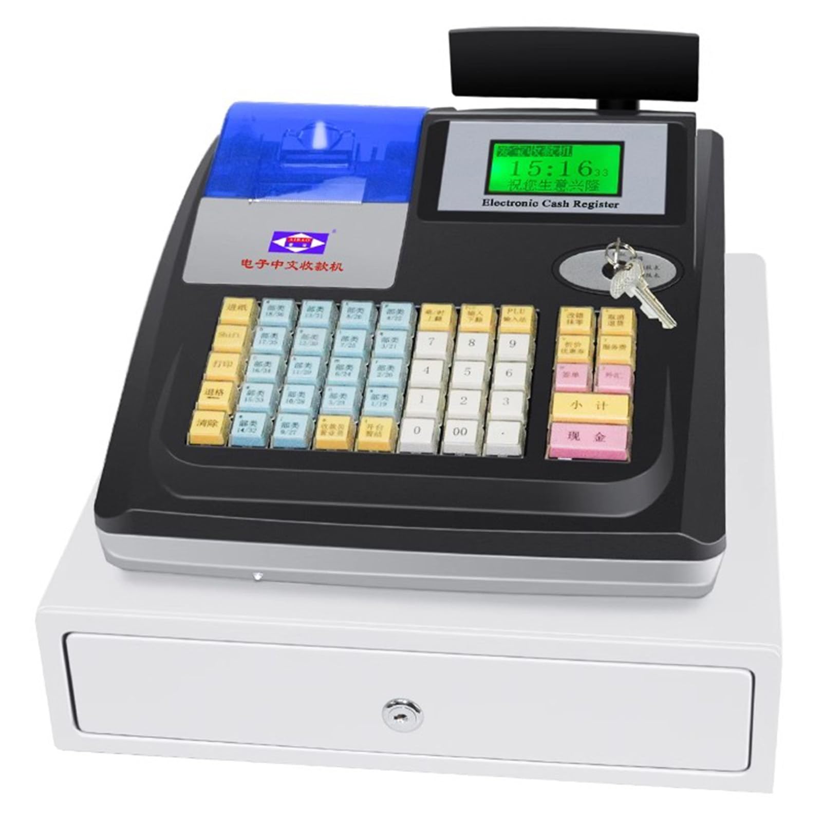 NYANS Caja Registradora Electrónica 48 Teclas, Caja Registradora Inteligente con Impresora Térmica, con Pantalla Visualización Cliente Tubo Digital LED de 8 bits, para Supermercado Pequeño,Black