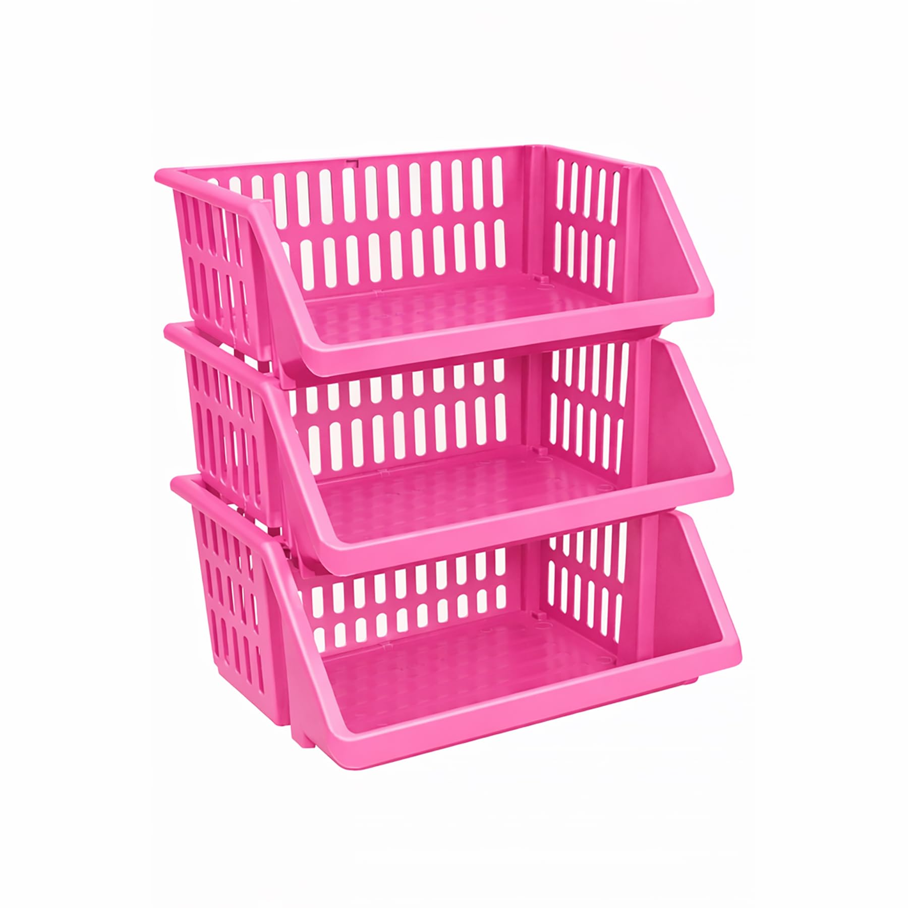 CrazyGadget® Multi Purpose Large Plastic Colour Storage Rack Stand Stacking Stackable Basket - Made In U.K. (3 Tiers, Pink)