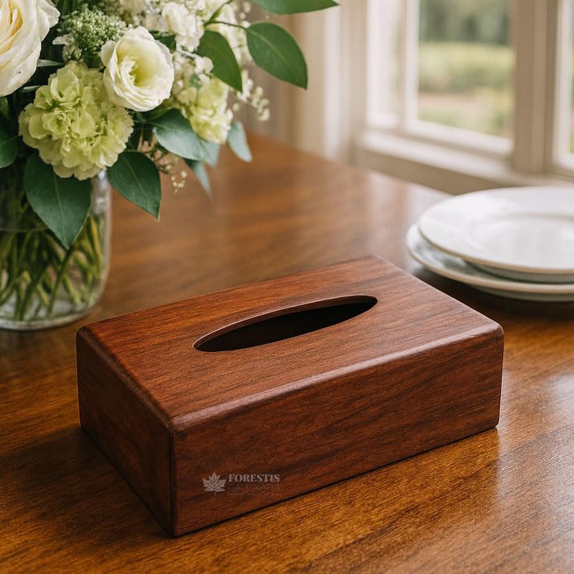 Image of Wooden Tissue Box| Rosewood Napkin Box| Tissue Holder Organizer for Table, Home, Office, Car| Rectangular Facial Paper Cloth Storage Case| Dispenser (9X5 Inches, Rosewood Plain)