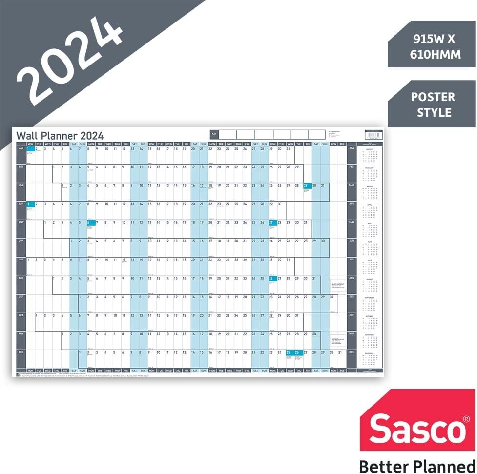 Sasco 2024 Value Yearly Wall Planner Set, Paper Whiteboard Style Dry Erase Calendar, Large Wall Planner, Poster Style Wall Chart, Blue, 915 x 610mm, 2410237