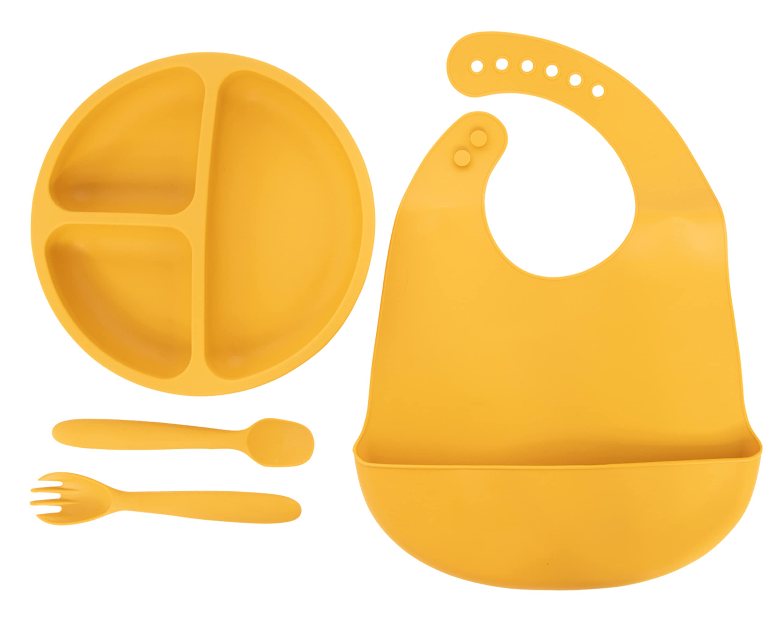 Lila & Jack- 4PC Silicone Baby Meal Set- BPA Free, Non Toxic, 100% Food Grade Silicone. Includes Sectioned Plate, Spork, Spoon, and Bib (Mustard),AT1748