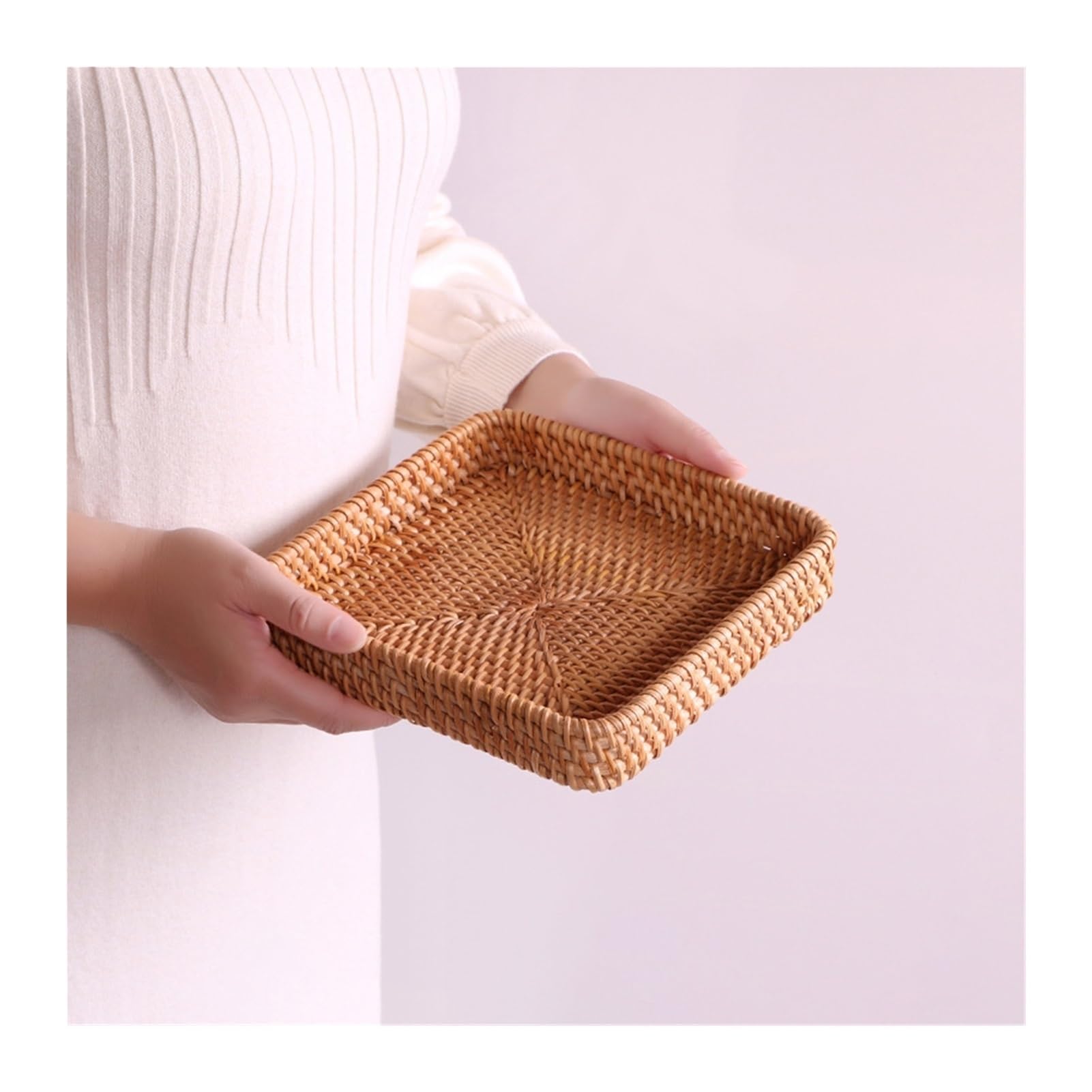 8.26" Natural Rattan Storage Baskets Rattan Serving Tray Wicker Bread Basket Fruit Basket Hand Woven Food Baskets for Kitchen Counter, Living Room, Bathroom