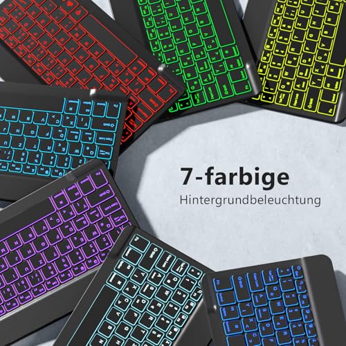 Vobafe Bluetooth Tastatur mit Telefonhalter für iPad Air/Pro/Mini/A16/11/10.9/10.2/iPhone, Kabellose Tablet Keyboard für iOS/Android/Windows, Deutsche QWERTZ, 7 Farben Beleuchtete, Schwarz 5