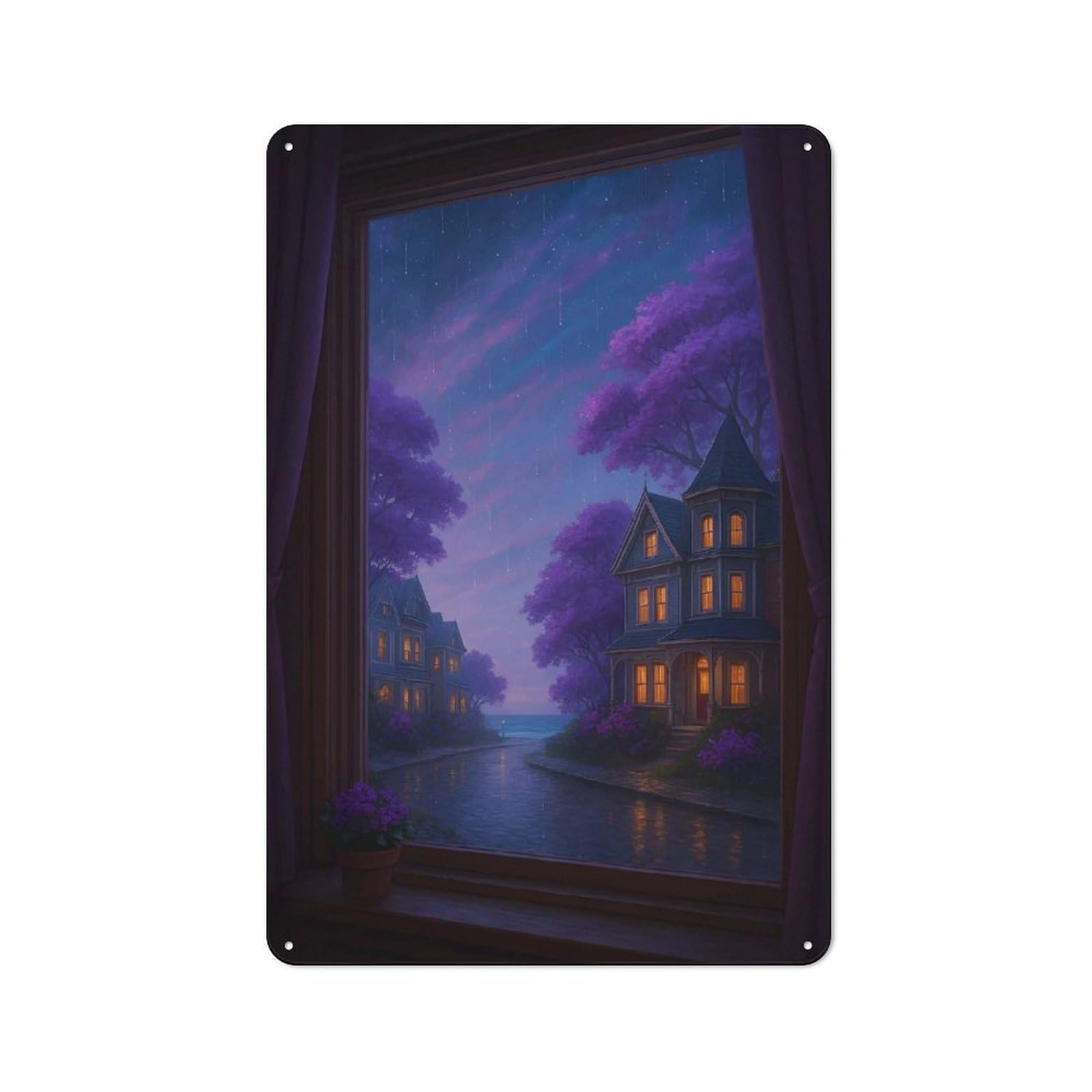 Junmoney Style-17 Rainy Night In Purple Hues Retro-Style Tin Wall Plaque 30X20cm For Café Or Home Bar, For Themed Interiors In Cafés And Home Bars