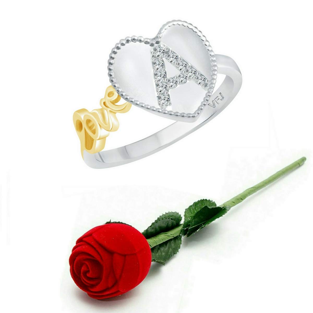 Vighnaharta Valentine Gift Love A Alphabet in Heart CZ Rhodium Plated Alloy Ring with Rose Ring Box for Women and Girls - [VFJ1280ROSE]-image-33