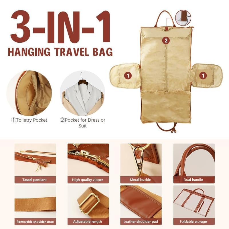 Image of Leather Garment for Garment Bags for Travel Convertible Hanging Suitcase Suit Garment Bag Convertible Carry on Large Duffle Bags with Suit Compartment for Men and Women|Shoe Pouch (Beign)