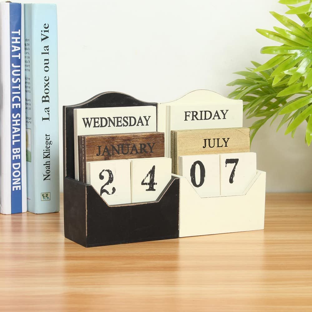 Vintage Holzblock ewiger Schreibtischkalender Rustikale Holz Büro Zuhause Schreibtisch Dekor (weiß)