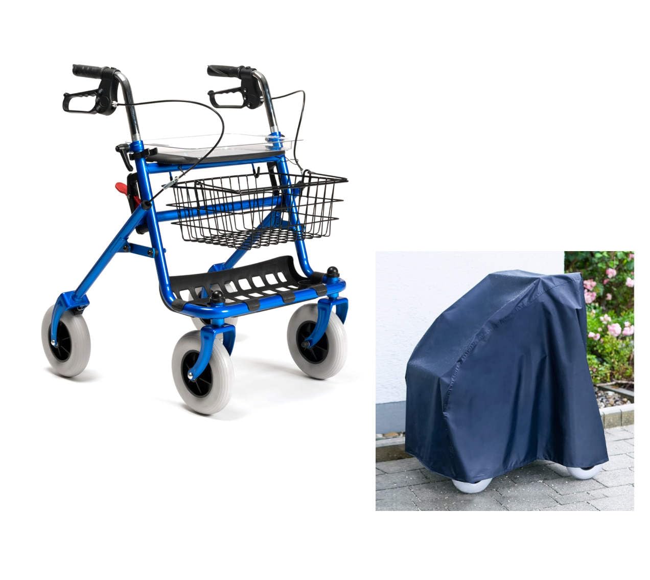 FabaCare Rollator 286i mit Schutzhülle, Standardrollator mit Vollausstattung, Gehhilfe faltbar und leicht mit Sitz, Farbe Blau