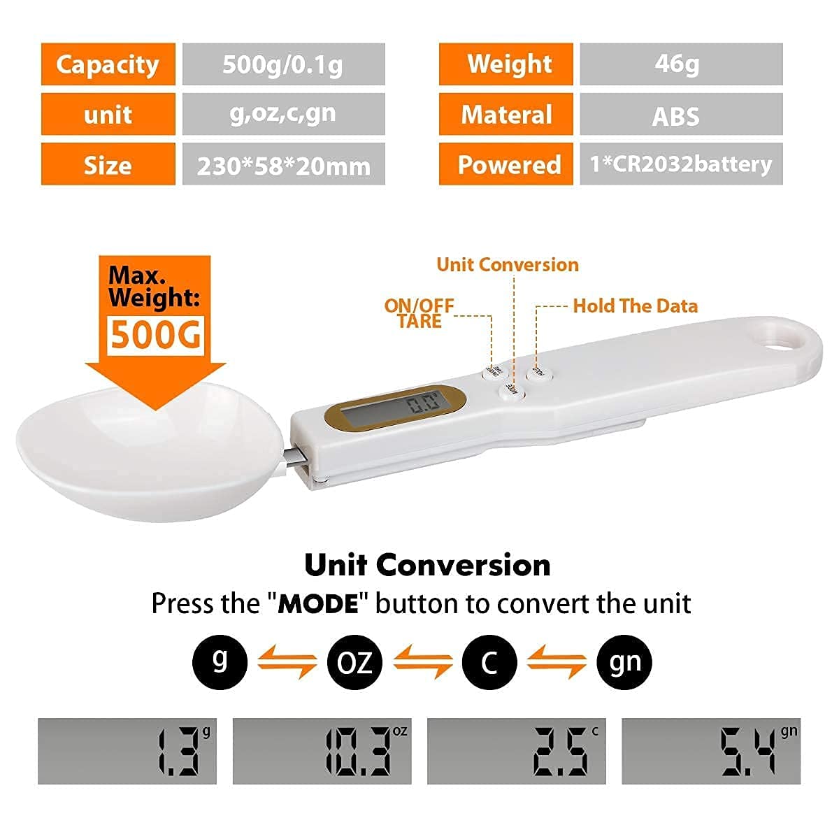 Plastic Electronic Kitchen Digital Measuring Spoon Scales - Accurate Teaspoon Scale Weighing in Grams and Oz - LCD Display, Gift for Bakers and Cooks, 500 G, White — Amazon image 2