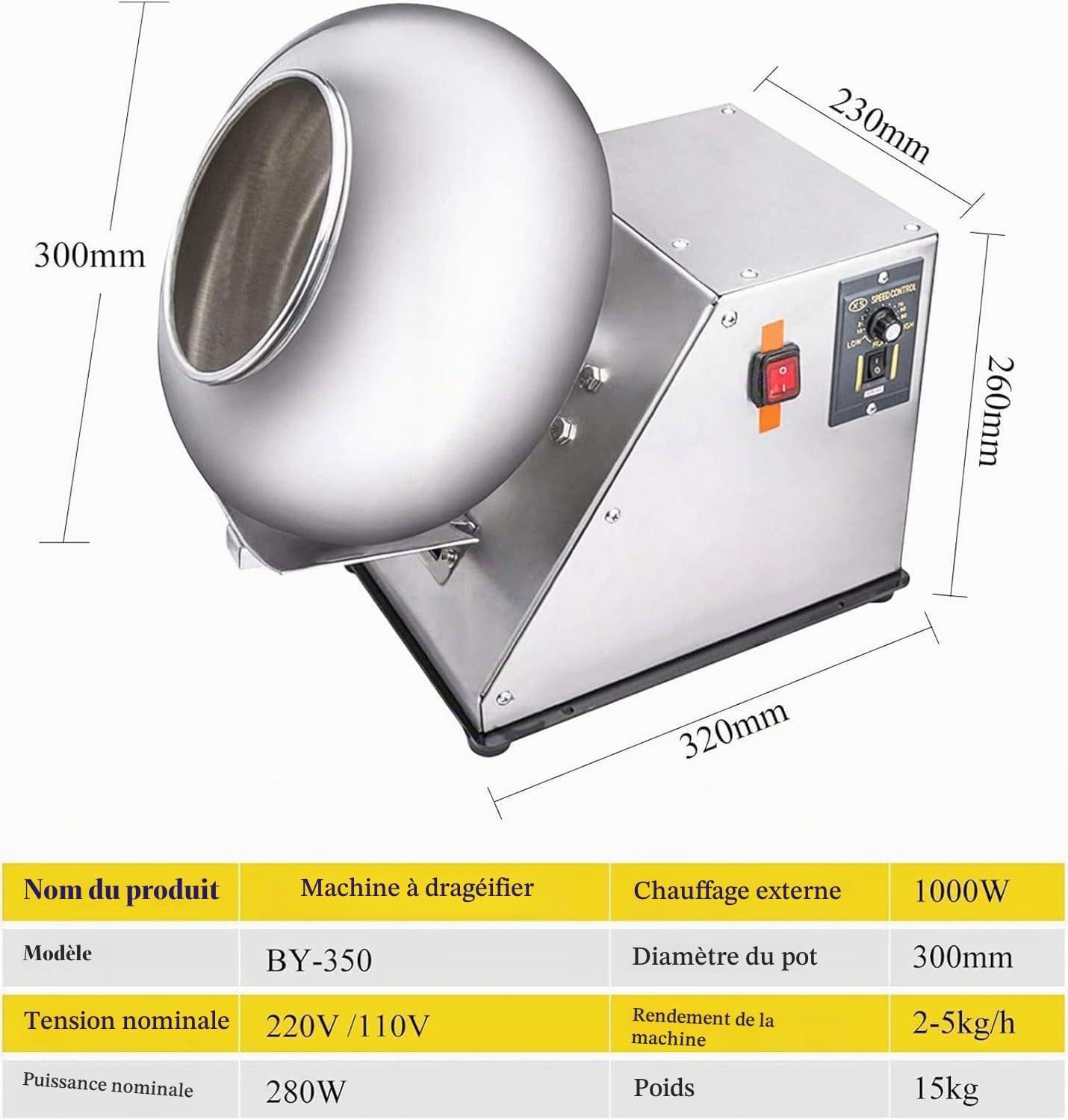 Machine à DragéEs éLectrique, 220v 180w Machine à DragéEs 3-6kg/H 520rpm Machine à DragéEs pour Le Chocolat,Machine à Chocolat Commerciale,Polissage,Enrobage,Arrondi,SéChage,220V