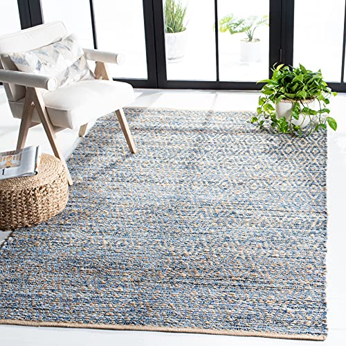 SAFAVIEH Cape Cod Collection Area Rug - 10' Square, Natural & Blue, Handmade Flat Weave Coastal Braided Jute, Ideal for High Traffic Areas in Living Room, Bedroom (CAP351A)