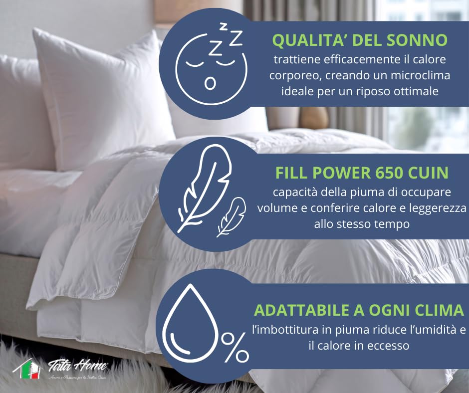 Piumino d’Oca DAUNEX Trentino Piazza Mezza 100% Piuma D'Oca Naturale Traspirante e Soffice Piumone ESTIVO Imbottitura 110 gr/mq Made in Italy Misura 200x200 cm Mod. MONTE BIANCO LIGHT