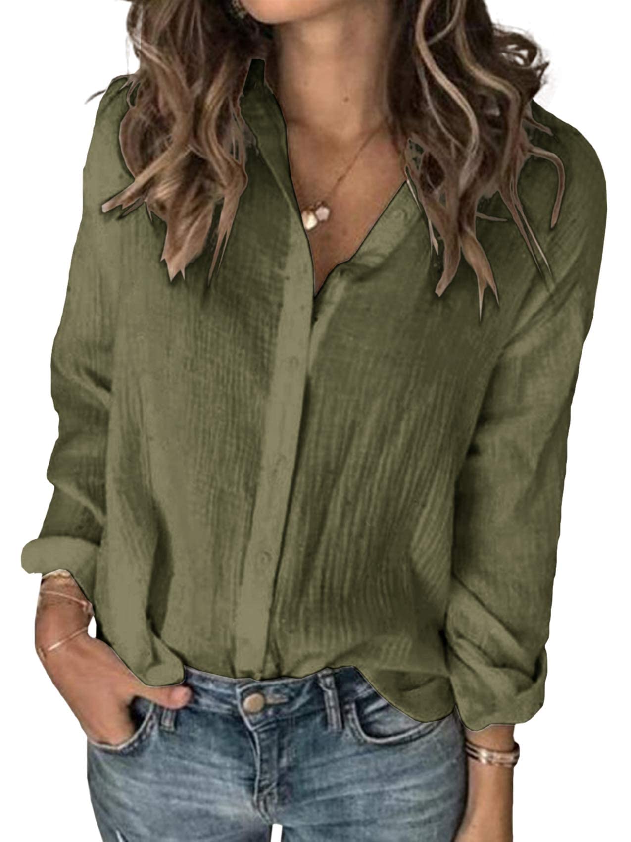 Cicy Bell Damen Button Down Bluse V Ausschnitt Langarmshirt Einfarbig Blusen Elegant Lässige Oberteile