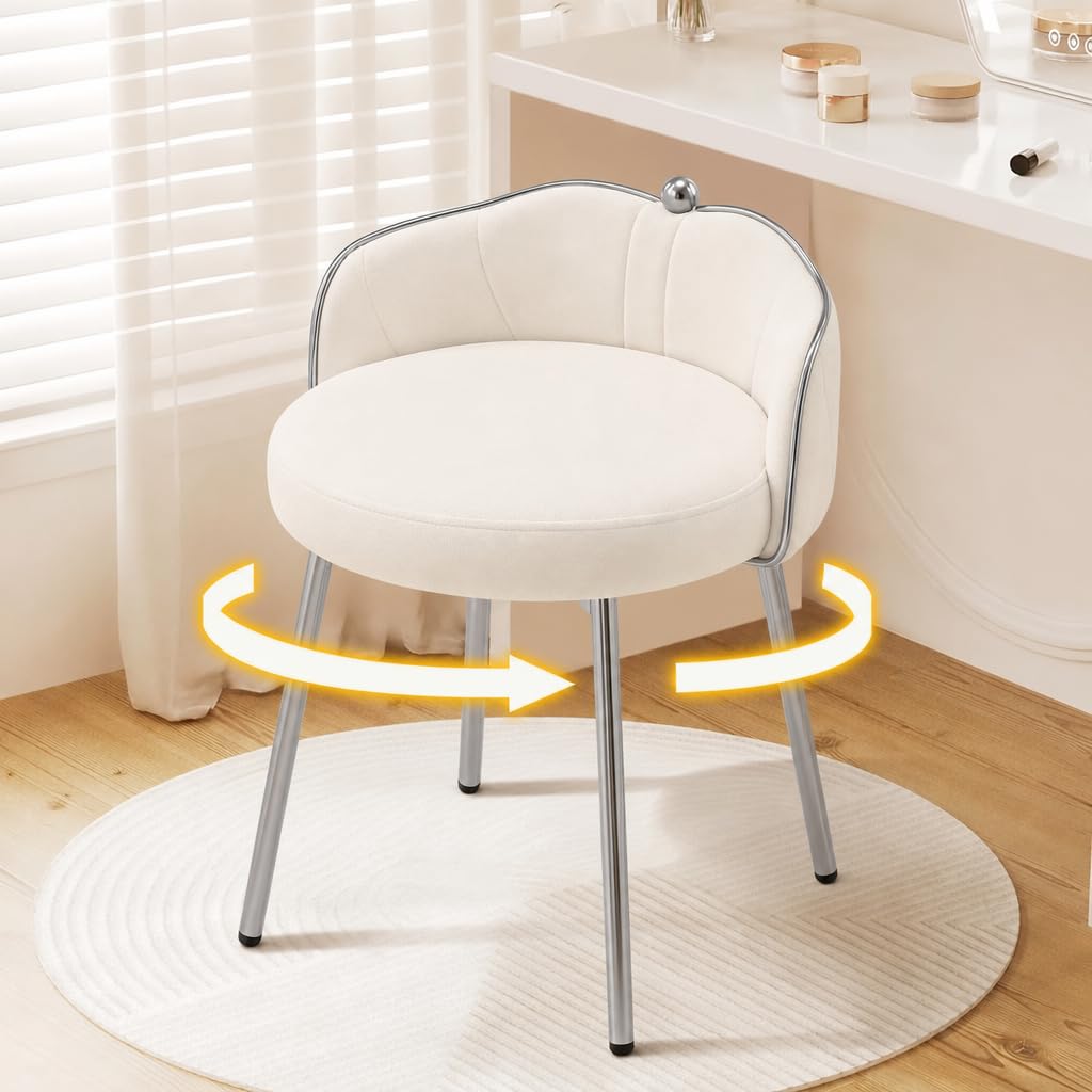 Hellove Sedia Trucco Girevole 360° in Velluto con Piedini Argento, Sgabello per Toeletta Trucco Rotondo, Pouf Poggiapiedi Pivotante con Schienale Curvo e Seduta Imbottita, Sgabelli per Camera, Beige