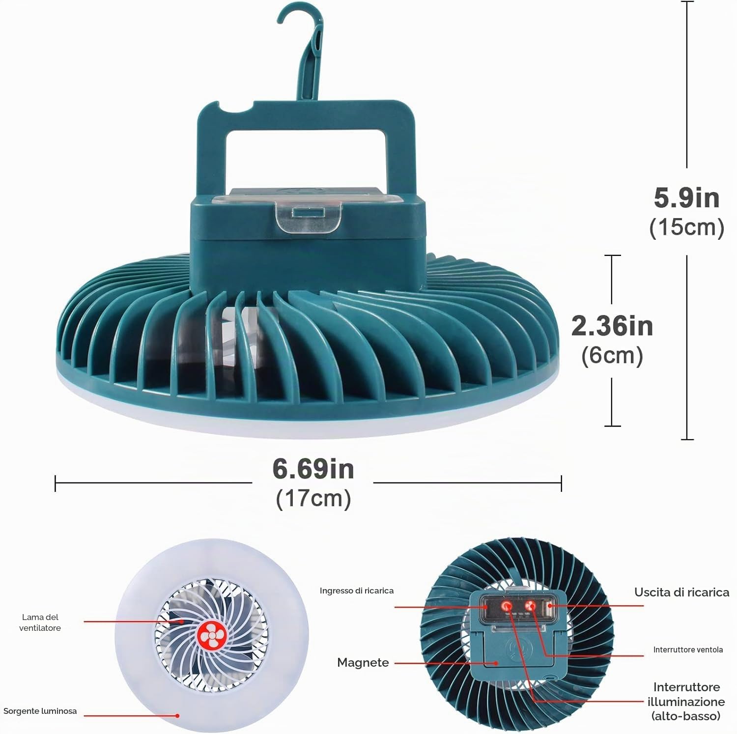Funmo Ventilatore da campeggio a LED, lampada a LED portatile 2 in 1 con ventilatore da soffitto, lanterna da campeggio ricaricabile USB per esterno, ufficio, griglia