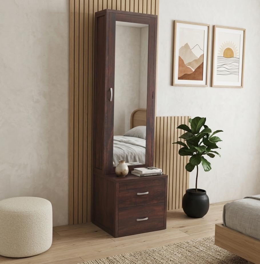 Sheesham Wood Dressing Table with Mirror & Storage|Wooden Vanity Table Organiser with Full Length Mirror,5 Shelves & 2 Drawers|Makeup Dressing Table for Bedroom|Walnut Finish-image-16
