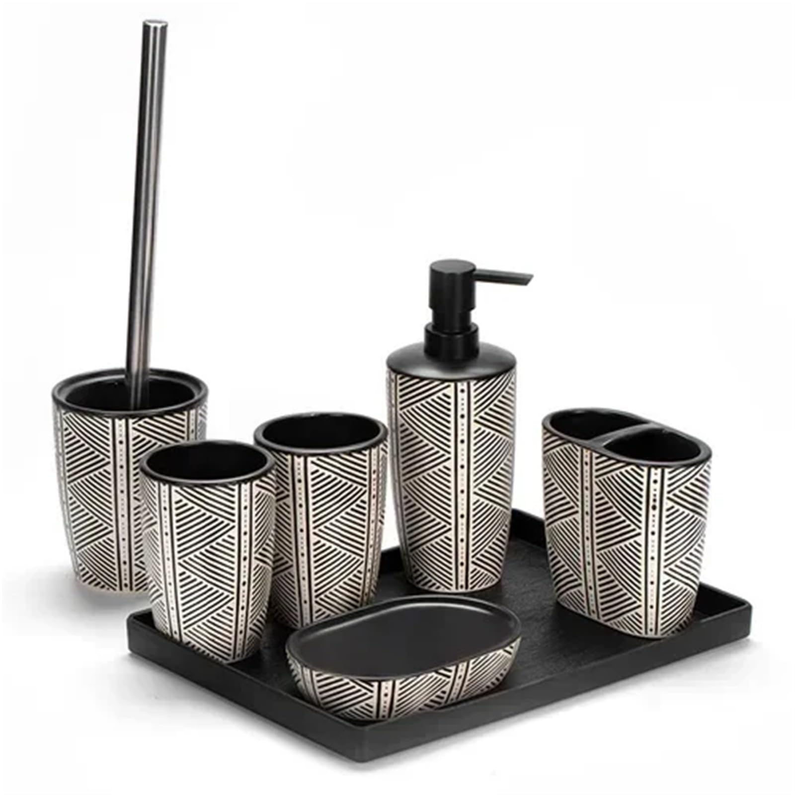 Badezimmer Zubehör Set Schwarz gestreiftes Waschset, Seifenspender, Mundwasserbecher, Toilettenbürstenset, Badezimmerzubehör aus Keramik(7 Piece Set)