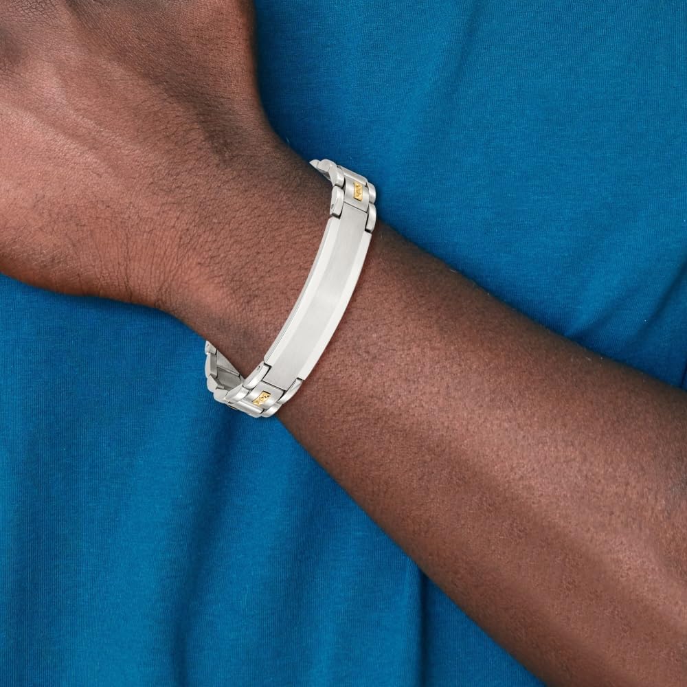 Stainless Steel Brushed and Polished with Diamond-cut 14K Gold Accent ID Link Bracelet for Men 8.5"", White, AFJ-QG-SRB3202-8.5-PK