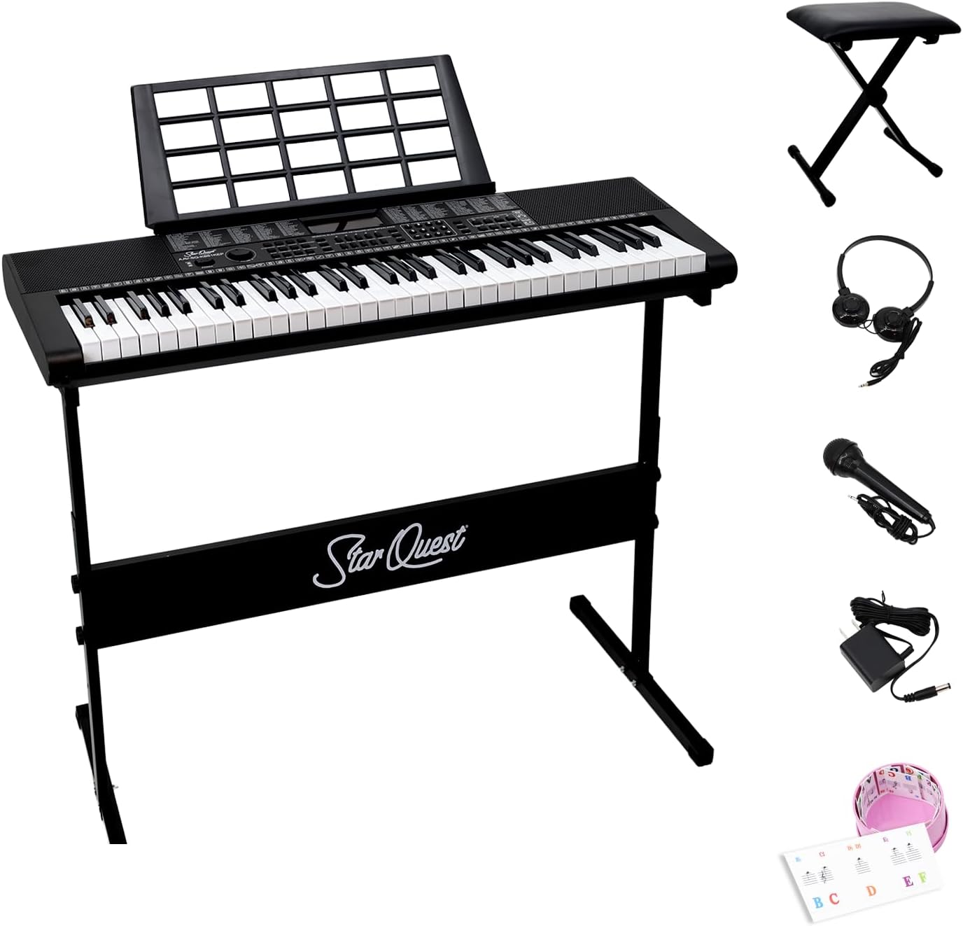 StarQuest SQ-KB61KEP 61-Key Keyboard Piano W/Digital Piano Stand & Bench, Headphones, Microphone, Keynote Stickers for Beginners, LCD Display & Portable
