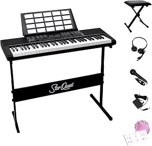 StarQuest SQ-KB61KEP 61-Key Keyboard Piano W/Digital Piano Stand & Bench, Headphones, Microphone, Keynote Stickers for Beginners, LCD Display & Portable