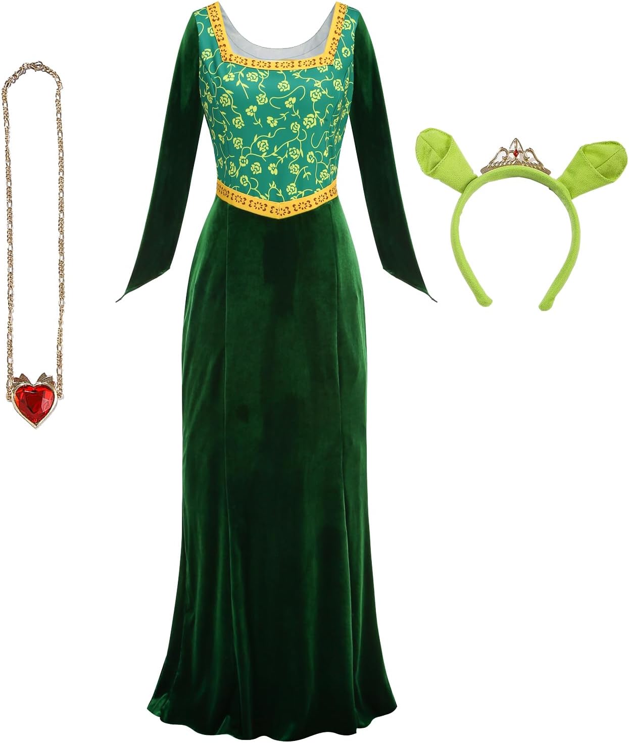 BLOOMIROPrincess Costume for Women Adult Halloween Cosplay Green Velvet Dress with Crown Necklace Full outfit