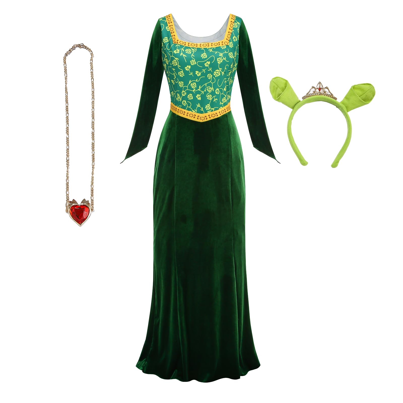 BLOOMIROPrincess Costume for Women Adult Halloween Cosplay Green Velvet Dress with Crown Necklace Full outfit