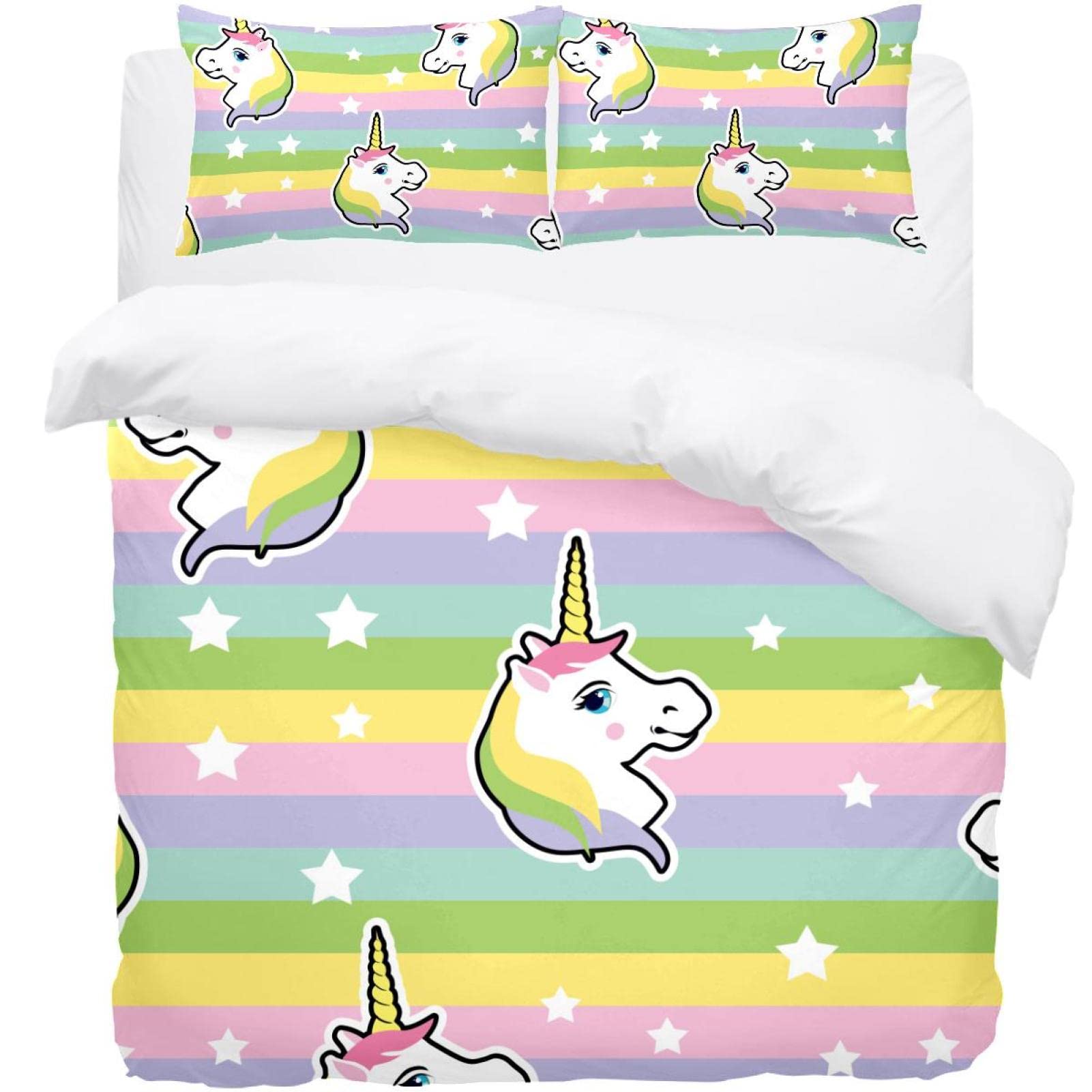 Housse de couette licorne blanche rose verte avec ses 2 taies d'oreiller