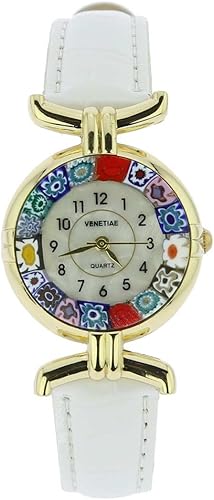 GlassOfVenice Reloj Millefiori de cristal de Murano con correa de piel, color blanco, Blanco