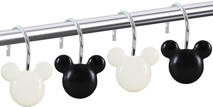 12-Piece Black White Mouse Shower Curtain Hooks for Bathroom | Decorative Shower Curtain Hooks, Stainless Steel Shower Hangers Rings