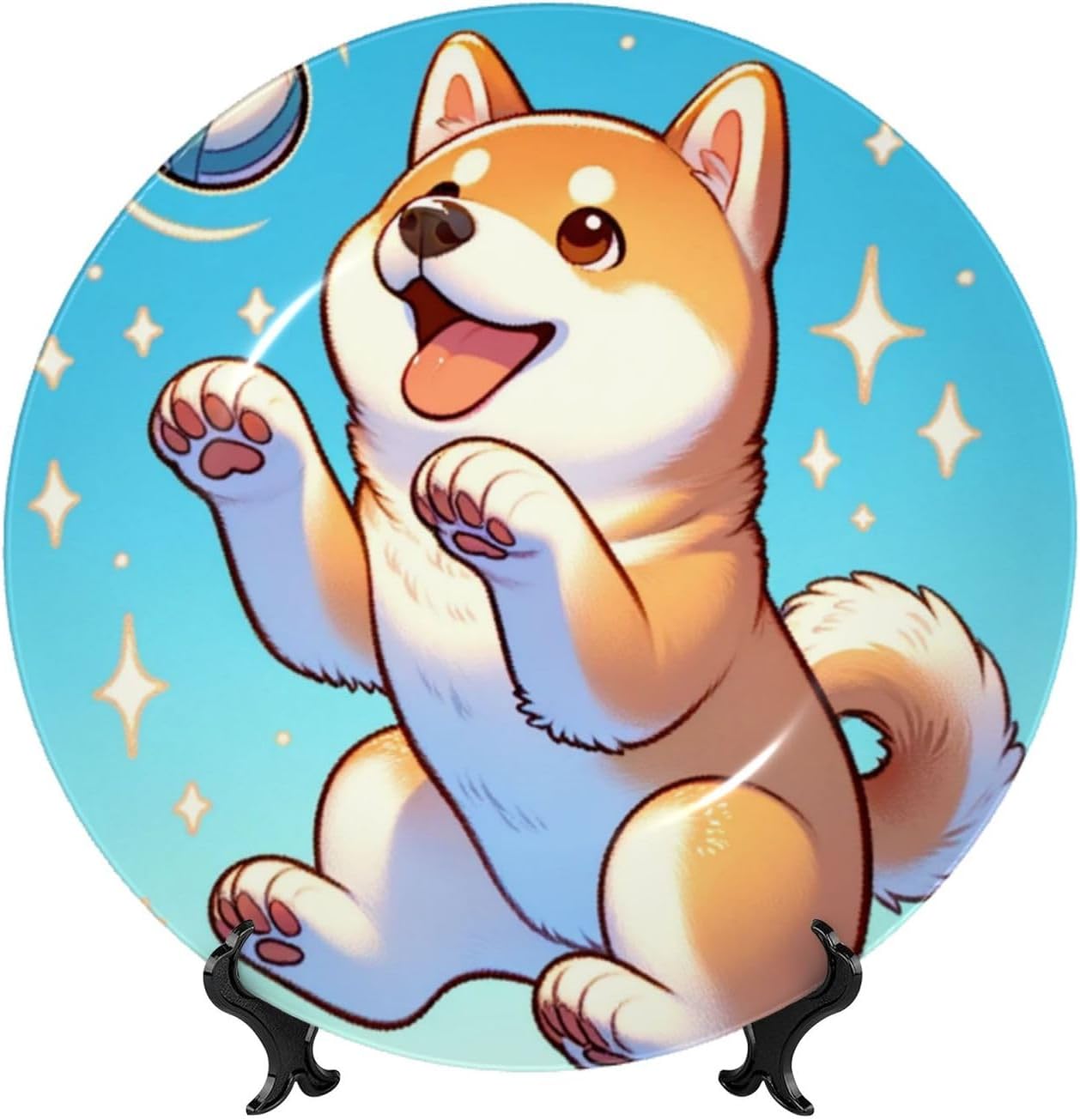 Shiba-Inu-Playing-Ball 10 Inch Decorative Plate With Stand, Elegant Display Wall Plate For Home Decor