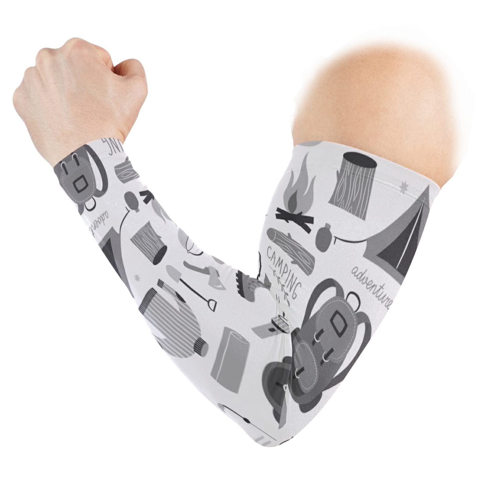 Vintage Set of Camping Equipment Icon Set Tent Bonfire on White 1 Pair Cooling Sports Arm Sleeves, Cover Uv Sun Protection Warmer for Sports Men Women Running Golf Cycling Riding Jogging