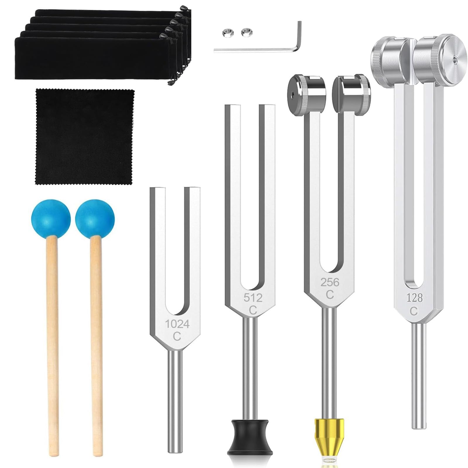 Diapasones Terapeuticos(4 piezas, 128 Hz, 256 Hz, 512 Hz, 1024 Hz), Diapason Musical, Set de Diapasones con Peso para Terapia de Chakras, Terapia de Sonido, Accesorios de Yoga y Meditación