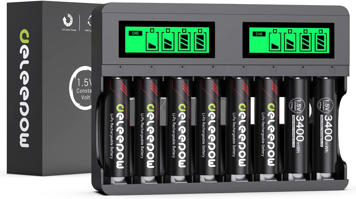 Deleepow Rechargeable AA Batteries 3400mWh 1.5V, Rechargeable Lithium AA Batteries 8 Count with Charger 1500 Cycle