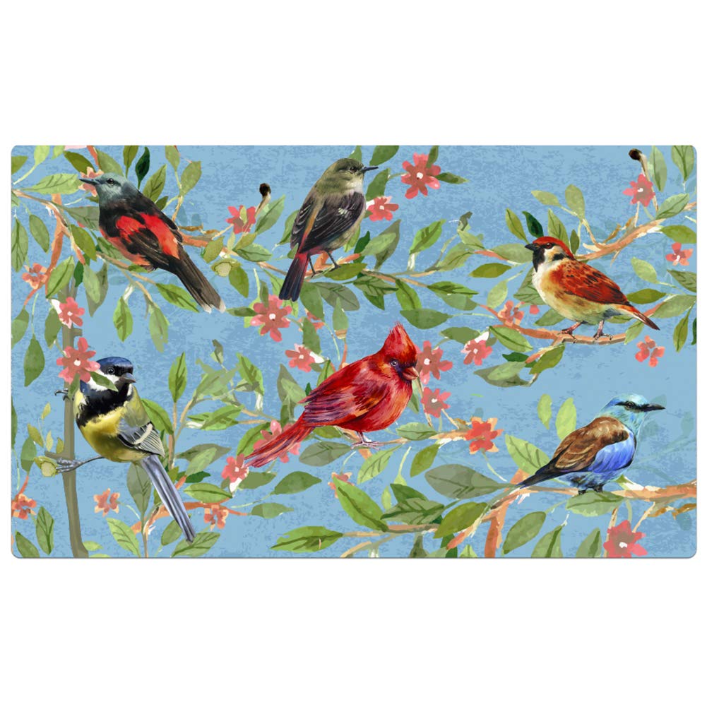Morning View Rubber Front Door Mat Indoor Outdoor Bird Doormat Decorative Spring Welcome Mats with Tree Birds Non Slip Green Entrance Rugs for Patio