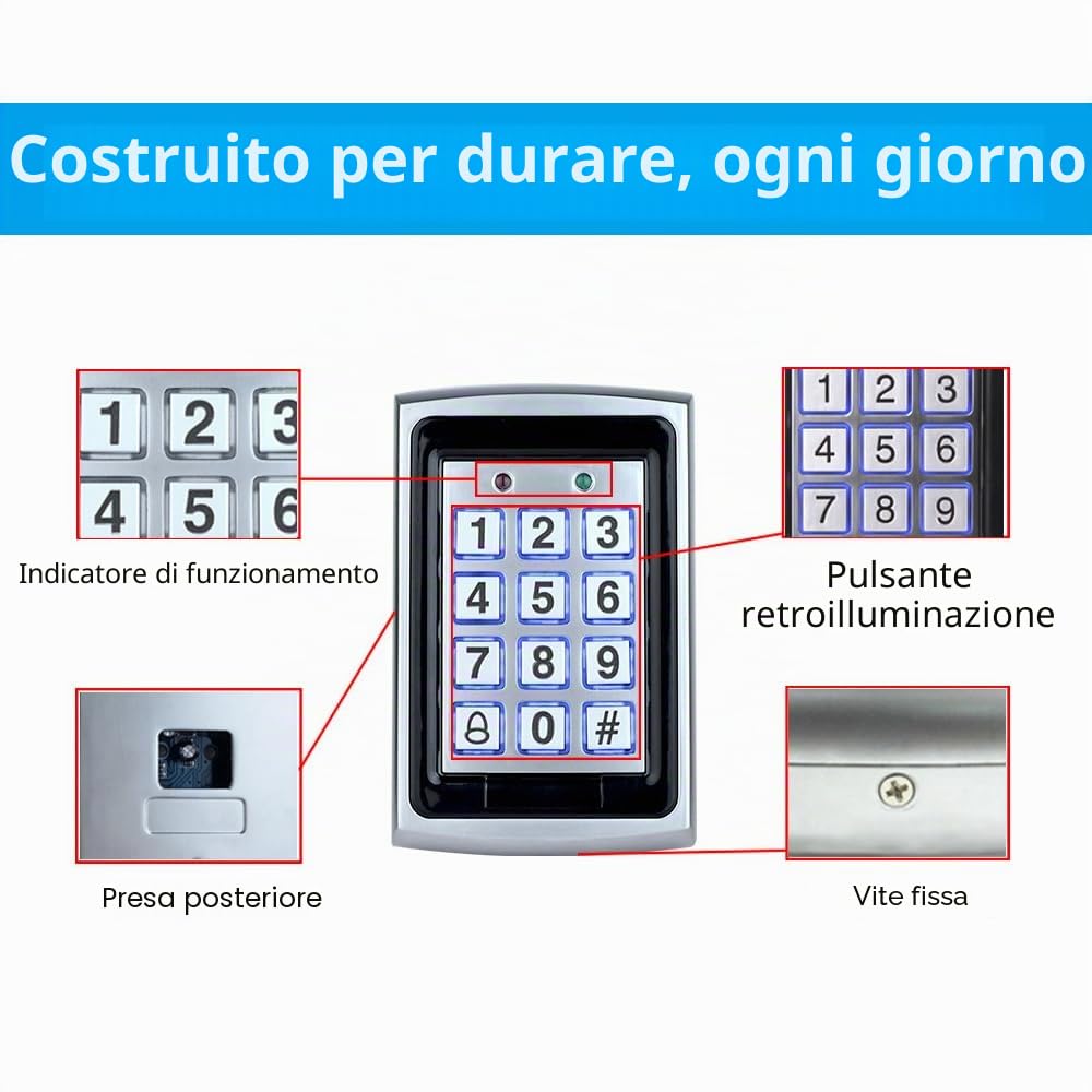Kit Completo di Sistema di Controllo Accessi per Casa, Tastiera per 1000 Utenti in Metallo + Serratura Elettrica a Caduta DC 12V + Alimentatore 12V 3A + Pulsante di Uscita + 10 Chiavette