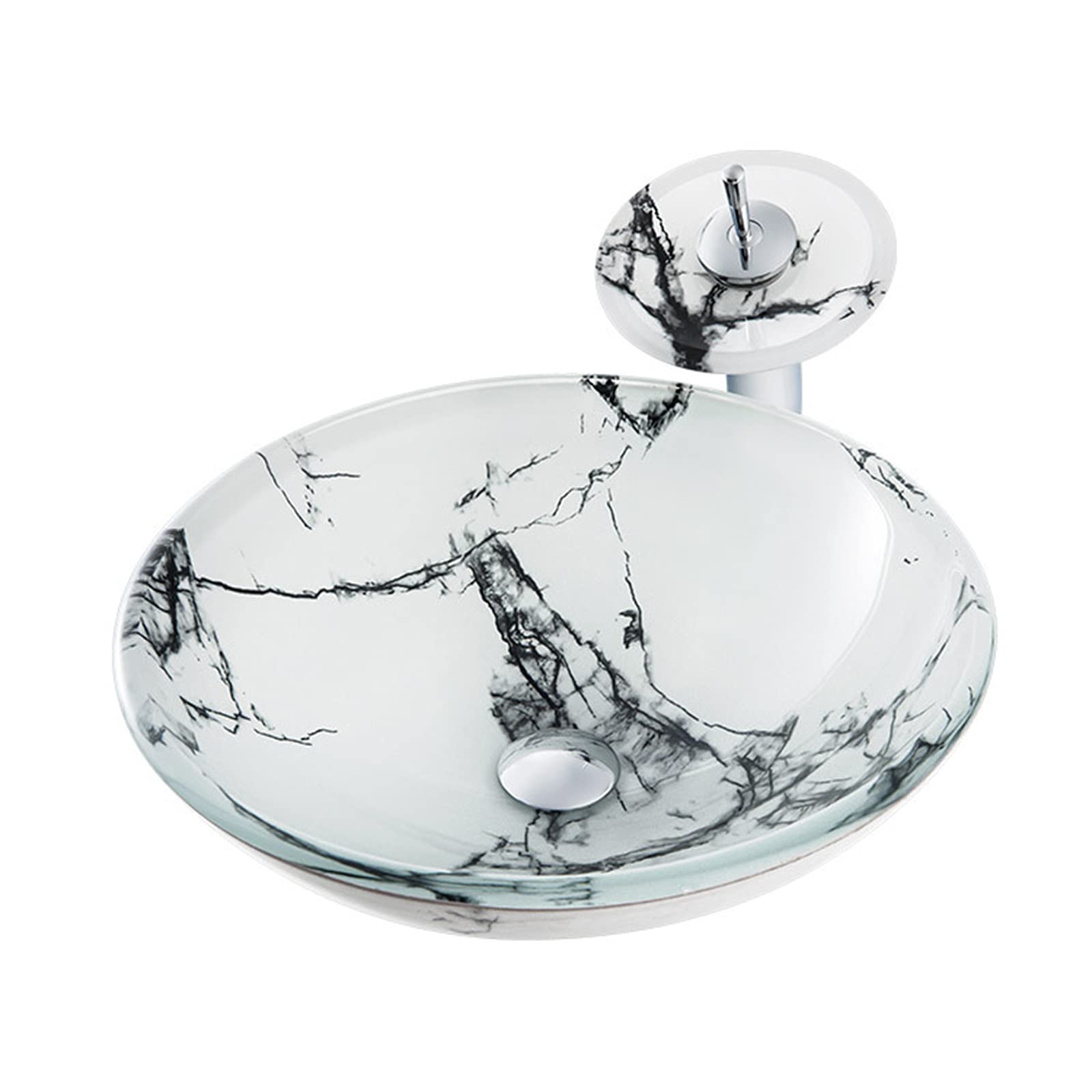 ASerZenith Tempered Glass Bathroom Vessel Sink, Bathroom Wash Basin With Waterfall Faucet And Pop Up Drain Counter Top Installation Sink Vessel