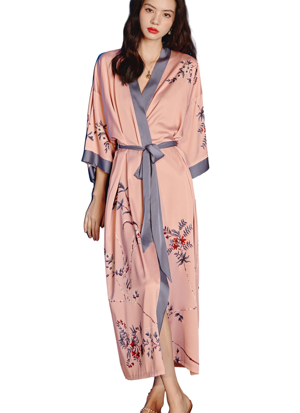 Daiwor Kout Silk Satin Robe for Women Long Japanese Kimono Robe Lightweight Soft Bathrobe Floral Luxury Dressing Gown