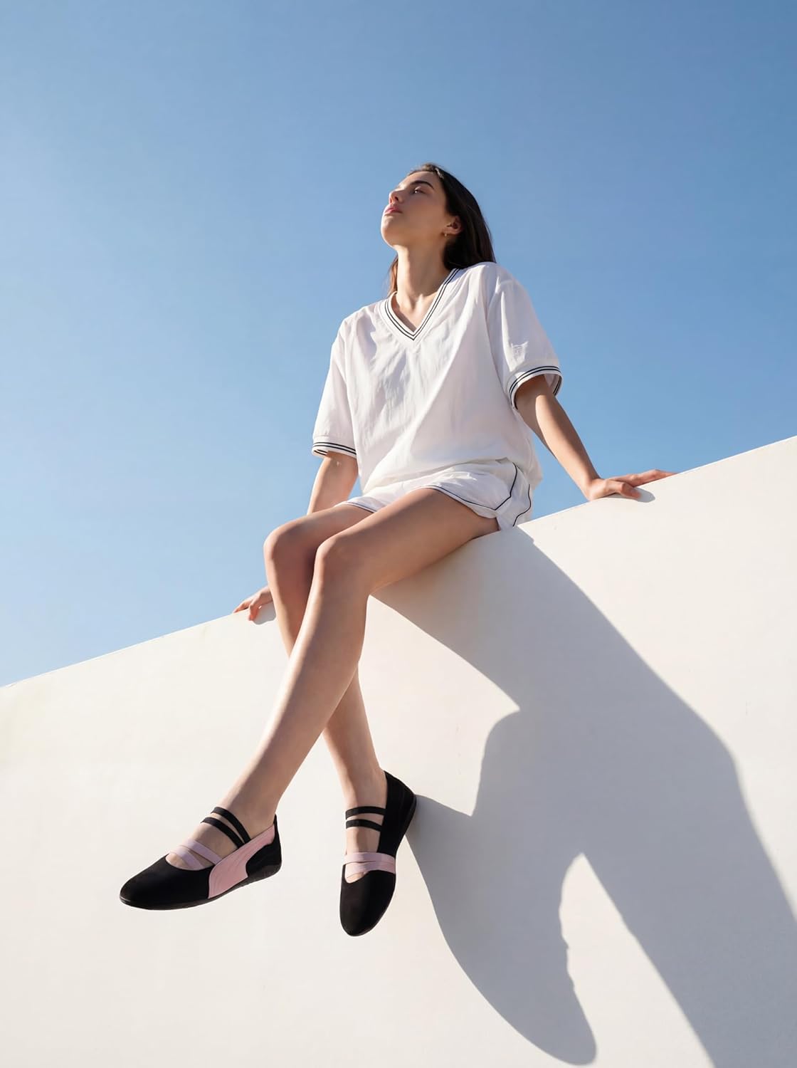 iiimmu Women Ballet Flats Fashion Sneakers Mary Jane Shoes with Elastic Straps with Cushioned Insole